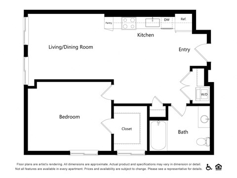 Floor plan for 1 bed, 1 bath, 736 sqft